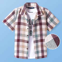 Pine Kids Cotton Woven Half Sleeves Checkered Shirt with Text Printed T-Shirt - White & Green-image-52