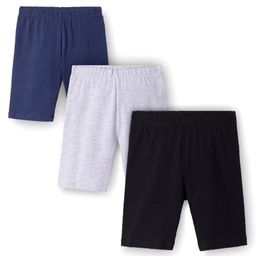 Babyhug Cotton Lycra Knit Mid Thigh Solid Cycling Shorts Pack of 3 - Black Navy Blue & Grey-image-37
