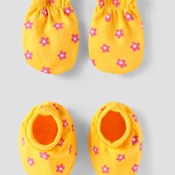 Babyhug 100% Cotton Knit Mittens & Booties with Floral Print - Yellow-picture-18
