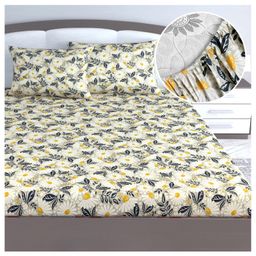 Divine Casa Floret 100% Cotton King Fitted Bedsheet with 2 Pillow Covers | 144 TC | Deep Pocket Design | Elegant Bedding Set - Vintage Daisies-21