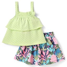 Babyhug Schiffili Knit SleevelessTop & Skirt Set Polka Dots & Floral Print with Bow Applique - Green Blue & Pink-image-48