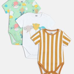 MINI KLUB Cotton Pack Of 3 Half Sleeves Striped & Animal Printed Onesies - Brown & White-picture-23