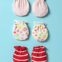 Ben Benny 100% Cotton Knit Mittens with Floral Print & Stripe Design Pack of 3 - Red Pink & White-picture-5