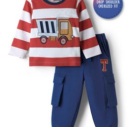 Bonfino Cotton Knit Drop Shoulder Full Sleeves T-Shirt & Cargo Jogger Set With Vehicle Print & Stripes - Red & Blue-picture-25