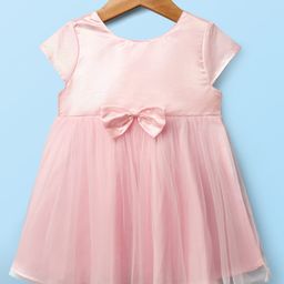 Babyhug Woven Cap Sleeves Solid Color Mesh Party Dress with Bow Applique - Pink-image-36