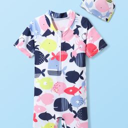 KIDLINGSS Half Raglan Sleeves Fishes Printed Legged Swimsuit With Cap - Multi Colour-image-49