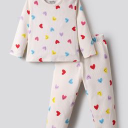 Bonfino 100% Cotton Knit Rib Fabric Full Sleeves Co-Ord Night Suit with Heart - Ivory-picture-16