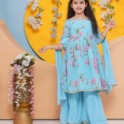 Bitiya By Bhama Georgette Woven Three Fourth Sleeves Floral Printed Gota Lace Embellished Anarkali Style Kurta Sharara With Dupatta Set - Blue-picture-21