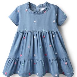 Babyhug 100% Cotton Half Sleeves Floral Embroidered Tiered Frock With Frill Detailing - Blue-image-31