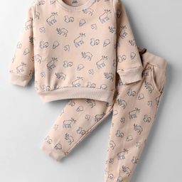 Pink Rabbit Single Jersey Knit Full Sleeves Co-Ord Night Suit with Animal Print - Light Brown-image-60