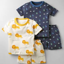 Kidi Wav Pack Of 2 Half Sleeves Dinosaurs & Baby Lions Printed Coordinating Tees & Shorts Set - Multi Colour-image-86