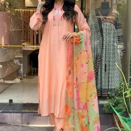 Anouk Yoke Embroidered Thread Work V-Neck Straight Kurta With Trouser & Dupatta-28