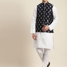 SOJANYA Men White Kurta with Churidar & Nehru Jacket-2