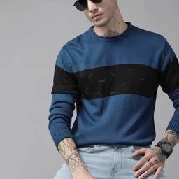 Roadster Men Blue & Navy Blue Acrylic Colourblocked Pullover-image-87