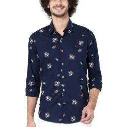 Mufti Navy Blue Cotton Slim Fit Printed Shirt-image-75