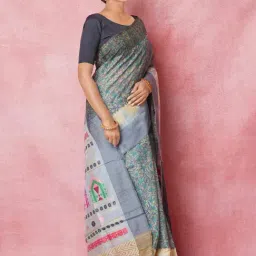 Unnati Silks Grey Silk Floral Print Saree With Unstitched Blouse-picture-20