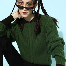 STREET 9 Women Green Acrylic Ribbed Pullover-picture-25