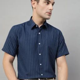 Hancock Navy Blue Slim Fit Striped Shirt-picture-30