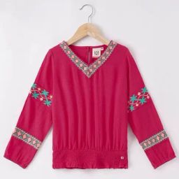 Ed-a-Mamma Kids Red & Green Cotton Embroidered Full Sleeves Top-image-94
