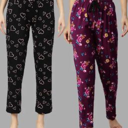 Kryptic Black & Purple Printed Pure Cotton Elasticated Waist Band Regular Fit Pyjamas - Pack of 2-image-1