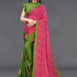 Satrani Pink & Olive Green Bandhani Print Saree With Unstitched Blouse-image-75