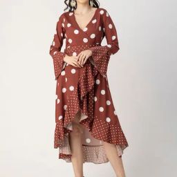 Moomaya Brown & White Polka Dot High-low Dress-image-47