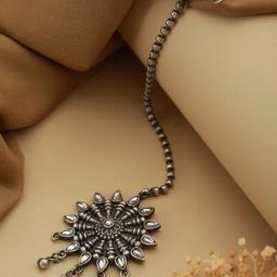 Priyaasi Studded Flower Bell Drop Oxidized Silver Maangtikka-image-11