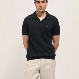 The Bear House Black Slim Fit Textured Polo T-Shirt-image-68