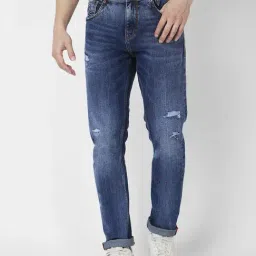 Spykar Mid Blue Cotton Slim Fit Distressed Jeans-picture-20