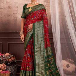 Saree Mall Red & Green Silk Printed Saree With Unstitched Blouse-image-7