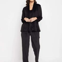 Clovia Black Top & Pyjama Set With Shrug-image-76