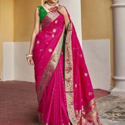 Satrani Pink Woven Saree With Unstitched Blouse-image-47
