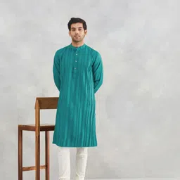 Fabindia Geometric Self Design Band Collar Viscose Silk Slim Fit Straight Kurta-picture-6