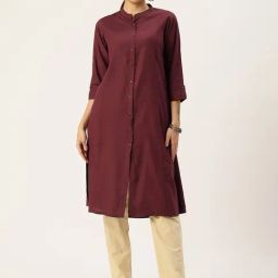 Amukti Maroon Rayon Solid Three-Quarter Sleeves Kurta-5