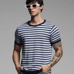 Jack & Jones Blue Cotton Regular fit Jacquard T-Shirts-image-21