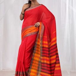 Unnati Silks Red Cotton Woven Saree With Unstitched Blouse-image-99