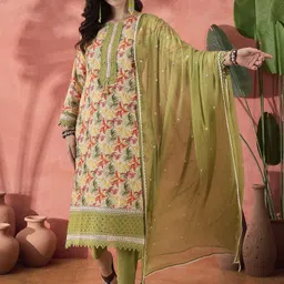 Sangria Green Floral Printed Round Neck Pure Cotton Kurta With Trousers & Dupatta-image-9
