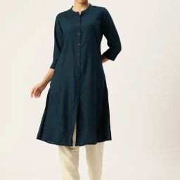 Amukti Blue Rayon Solid Three-Quarter Sleeves Kurta-image-63