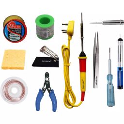 Fadman Beginner Basic Soldering Iron Kit Pack-11, Soldering Flux, Solder Wire, Stand, Tweezr, Sponge, Soldering Bit, Wire Cutter, Desoldering Pump, Tester, Desoldering Wick, Yellow Soldering Iron 25 W Simple (Flat Tip)-31