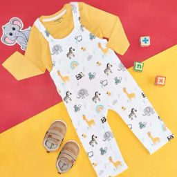 Pantaloons Baby Kids Yellow & White Cotton Printed Full Sleeves Dungaree Set-picture-5