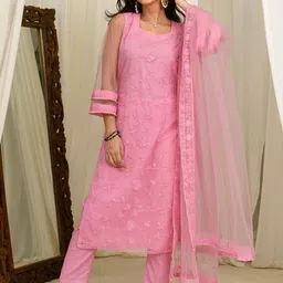 VARNI FABRICS Floral Embroidered Sweetheart Neck Straight Kurta With Trousers & Dupatta-picture-15