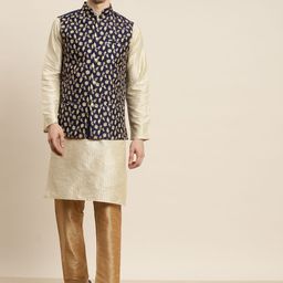 SOJANYA Men Cream-Coloured Kurta with Churidar & Nehru Jacket-picture-3