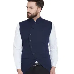 Hypernation Navy Slim Fit Printed Cotton Waistcoat-15