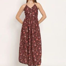 Moomaya Brown Floral Print Maxi Dress-image-32