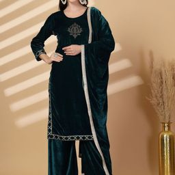 Clora Creation Floral Embellished Velvet Straight Kurta With Palazzos & Dupatta-image-71
