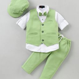 Robo Fry Full Sleeves Solid Party Suit with Bow and Cap - Green-image-35