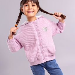 Babyhug Knit Full Sleeves Cable Knitted & Sequins Detailing Hooded Sweater - Purple-image-15