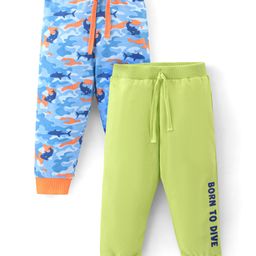 Babyhug Cotton Full Length Lounge Pants Fish & Text Print Pack of 2- Green & Blue-image-11