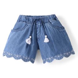 Babyhug 100% Cotton Knee Length Washed Denim Short Floral Embroidery - Blue-picture-14