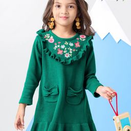 Babyoye Eco Conscious 100% Cotton Solid Full Sleeves Sweater Frock with Floral Embroidery - Green-image-122